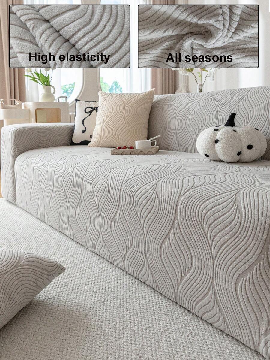 1pc Geometric Line Jacquard Plush Sofa Cover, Minimalist Elastic One-Piece Sofa Slipcover, Pet-Friendly Anti-Slip Anti-Dirty, Machine Washable, All-Season Full Wrap Sofa Protector, Comes With 1pc 45*45cm Pillow Case