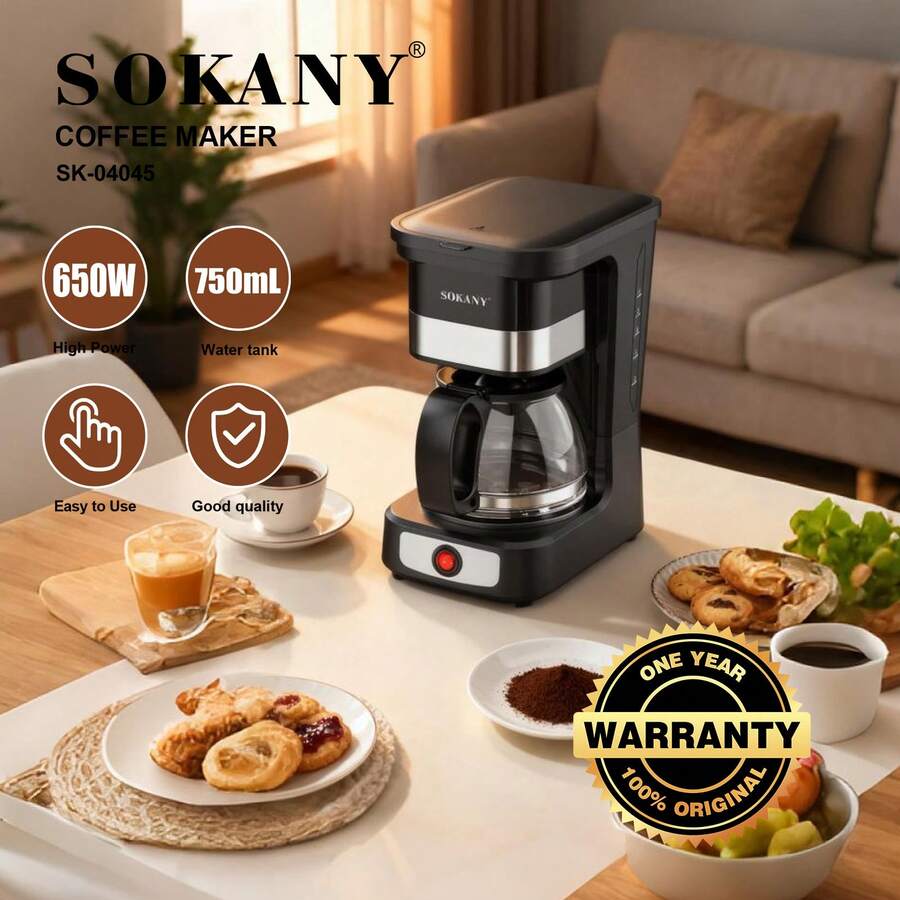 SOKANY 04045 Fully Automatic American Coffee Maker. 2-In-1 For Coffee And Tea. Comes With Coffee Spoon, Coffee Pot And Filter. 650W High Power, 750ml Large Capacity, LED Display. One-Touch Operation. Metal Body. Suitable For Making Coffee, Tea And Other Beverages. Ideal For Home And Office Use, Must-Have For Coffee Lovers.