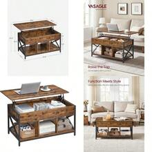 Lift Top Coffee Table For Living Room Industrial Coffee Table With Hidden Compartments And Storage Shelf Steel Frame 50 X 100 X 49-62 Cm Rustic Brown And Ink Black ULCT202B01 - RusticBrownInkBlack - View 1