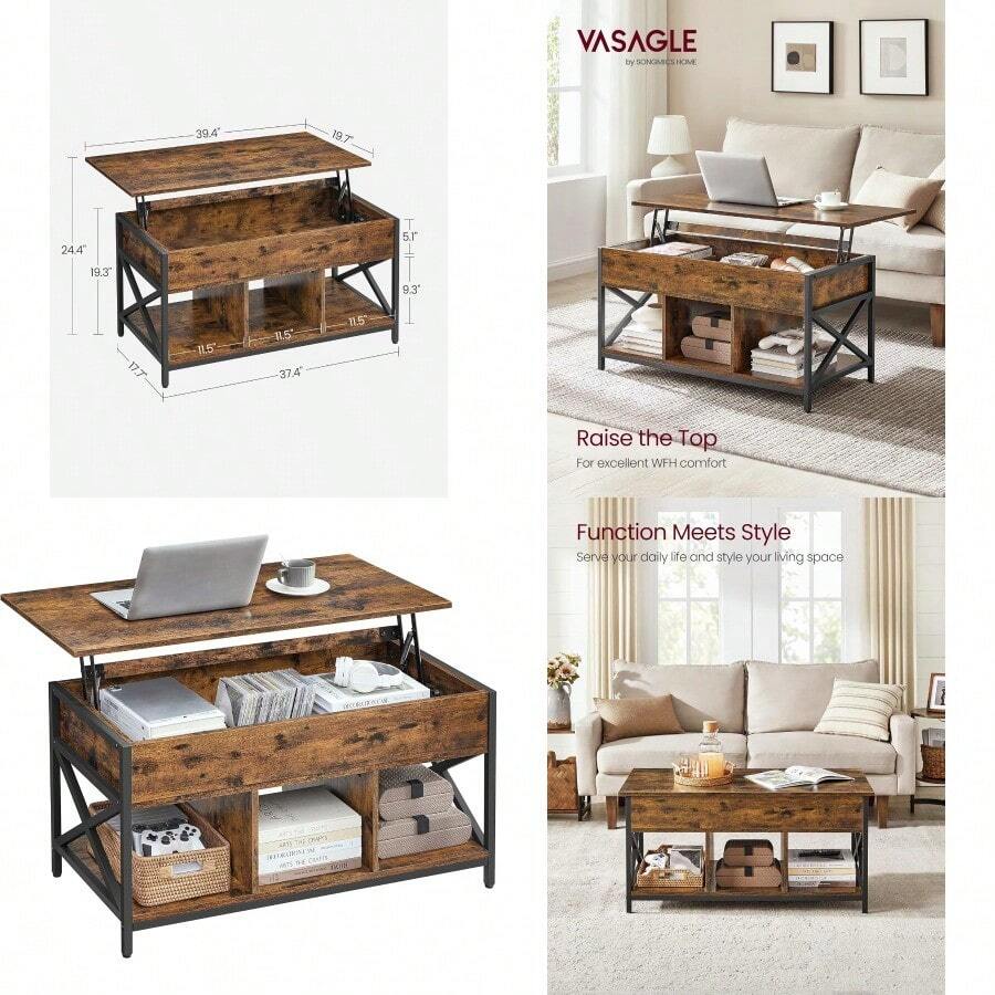 Lift Top Coffee Table For Living Room Industrial Coffee Table With Hidden Compartments And Storage Shelf Steel Frame 50 X 100 X 49-62 Cm Rustic Brown And Ink Black ULCT202B01 - RusticBrownInkBlack - View 1