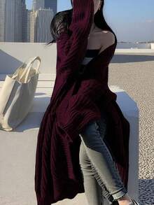 Solid Open Front Loose Knit Cardigan, Casual Long Sleeve Long Length Sweater With Pocket, Women's Clothing