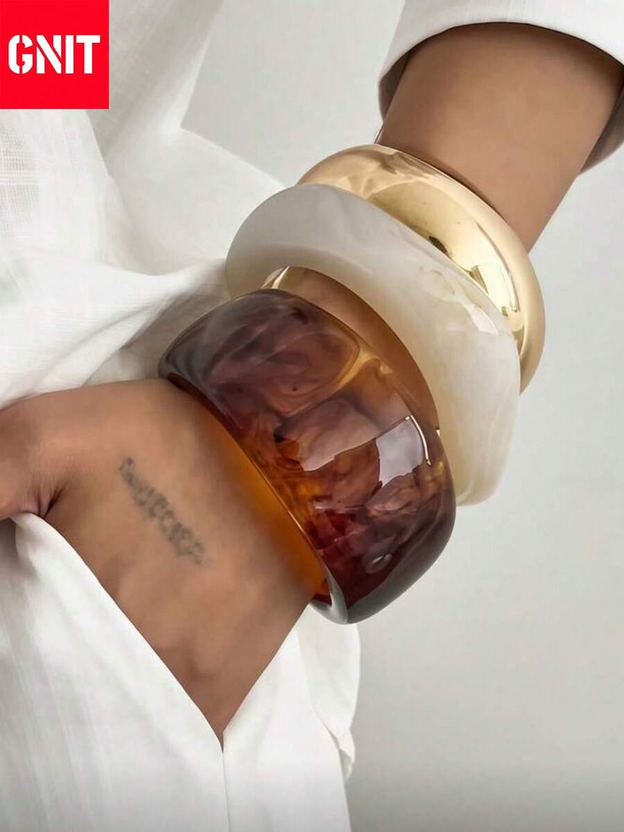 GNIT 3pcs Exaggerated Asymmetrical Resin Semi-Transparent Bracelet Set For Women, Versatile - Cà phê Ti trong suốt + gạo xoắn + vàng tròn rộng - Xem 1