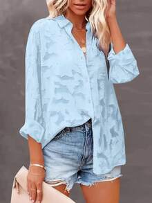 Plus Size Women Casual Vacation Jacquard Shirt, Loose Textured Blue Long Sleeve Blouse, Suitable For Back To School, Daily Wear, Vacation Travel, Autumn
