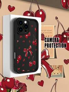 1 pieza Funda de teléfono con diseño de cerezas rojas, corazones y lazos en estilo romántico y vintage ideal para San Valentín TPU soft case, protección completa antideslizante y anti-caída, compatible con iPhone17 ProMax/16/15/14/13/12/11/Plus/Pro/ProMax, compatible con Galaxy A34/A35/A54/A55, Galaxy S20/S21/S22/S23/S24/S25 Ultra/Plus, compatible con Galaxy/Redmi/Honor/OPPO/ViVo - Negro - Ver 3