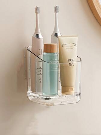 Caixa organizadora de parede transparente de grande capacidade para banheiro, com prateleiras abertas e porta - Material plástico de alta resistência, porta frontal, design que economiza espaço, ideal para armazenar escova de dentes, pasta de dentes, lâmina de barbear e produtos de higiene pessoal - Fácil instalação, ideal para organizar o banheiro.