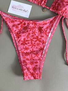 Bộ bikini 2 mảnh dễ thương, gợi cảm dành cho nữ mùa hè 2026, thiết kế hở lưng, buộc dây bên hông, thích hợp cho tiệc bể bơi, kỳ nghỉ biển và tắm nắng. - Hoa Nền Đỏ - Xem 6
