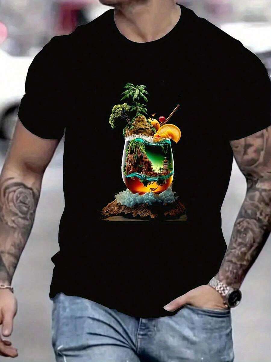 1 PcsMen's Summer New Arrival T-Shirt, The , Hyper - Detailed Graphic Of An Island Paradise Within A Drink Is A Showstopper.Street Style, Vacation Style.Round Neck, Hot Selling Top Tee, Men's Black Short-Sleeve T-Shirt180g 100% Cotton - 黑色 - 查看 1