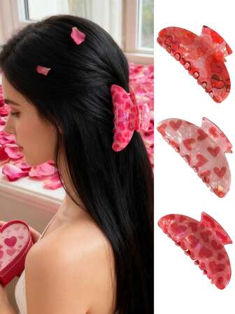 1pc Valentine's Day Women's Sweet Elegant Red Heart Semi-Circle Hair Claw Clip, Ponytail Updo Hair Accessory, Suitable For Holiday Parties, Daily Outings, Bohemian Elegant Hair Decoration Women Hair Clip Causal Hair Clutch