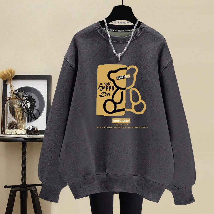 Women's Round Neck Cotton Fleece Lined Sweatshirt Plus Thick Warm Spring Autumn Winter High Street Casual Loose Age Reducing Pullover Top Outerwear - 深灰色(DD15熊寶寶印前)重磅純棉 - 查看 1