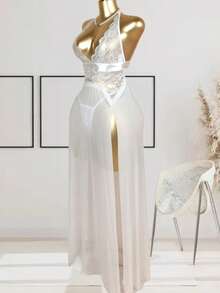 Sexy Bridal Gown Pajamas, Fairy Pajamas, Intimate Fancy Transparent Clothing For Women, Black See-Through Underwear.Women's Sexy Transparent Backless Pajamas, Lace Splicing, Deep V Alluring Bathrobe, With Comfortable Texture And Homewear. - 白色 - 查看 2