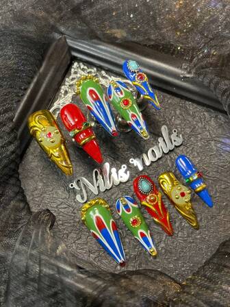 10 piezas Juego de uñas de tacón, Accesorios de uñas 3D con cristales, jade y joyas, Estilo tie-dye multicolor con patrones geométricos dibujados a mano al estilo Y2K, Adecuado para que las mujeres lo usen a diario y en fiestas (Incluye: 1 pieza de pegamento de gelatina y 1 tira de fricción)