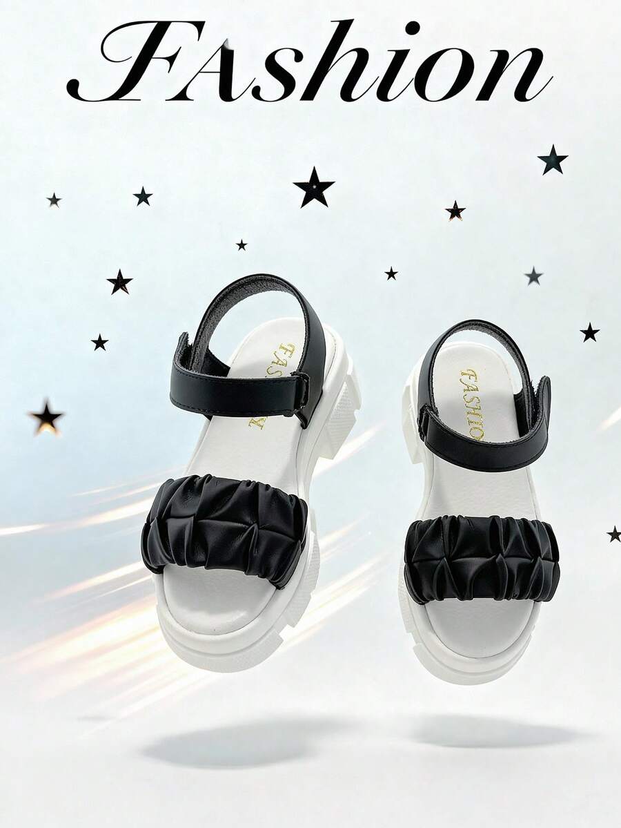 1 paire de sandales mode été pour enfants, sandales à semelle épaisse pour filles, stylées et confortables, convient pour l'extérieur, les courses, les voyages et les vacances - Noir - Voir 1