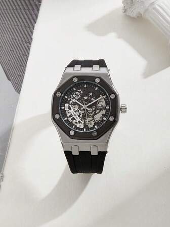 GUANQIN 1pc Automatic Mechanical Men's Wrist Watch, Silicone Strap, Hollow Dial, Classic & Fashionable, Suitable As Gift For Halloween, Christmas, Father's Day, Students, Festivals, Dates, Business, Daily Wear