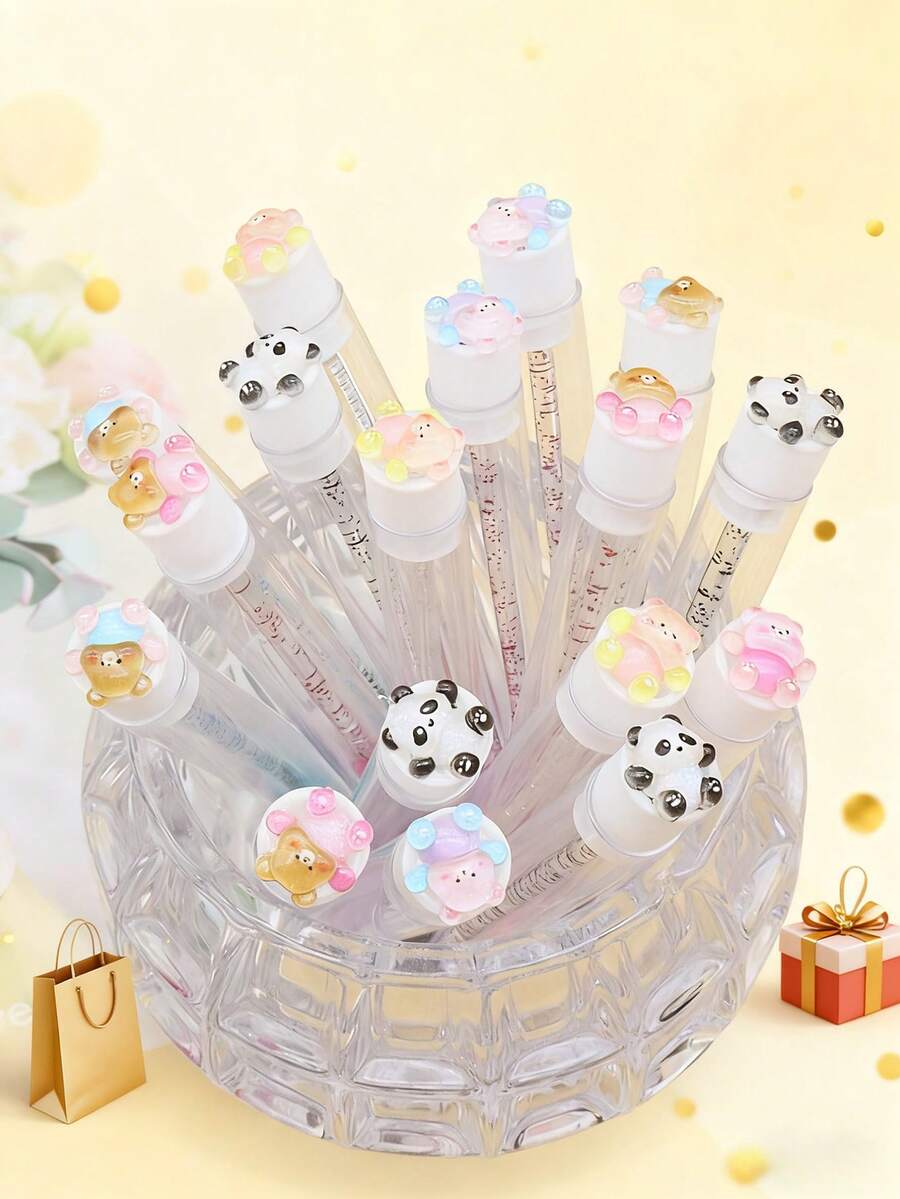 1/3/5/7支装透明多色熊猫卡通系列睫毛刷眉刷便携式管状化妆刷，带透明收纳盒 - 彩色 - 查看 1