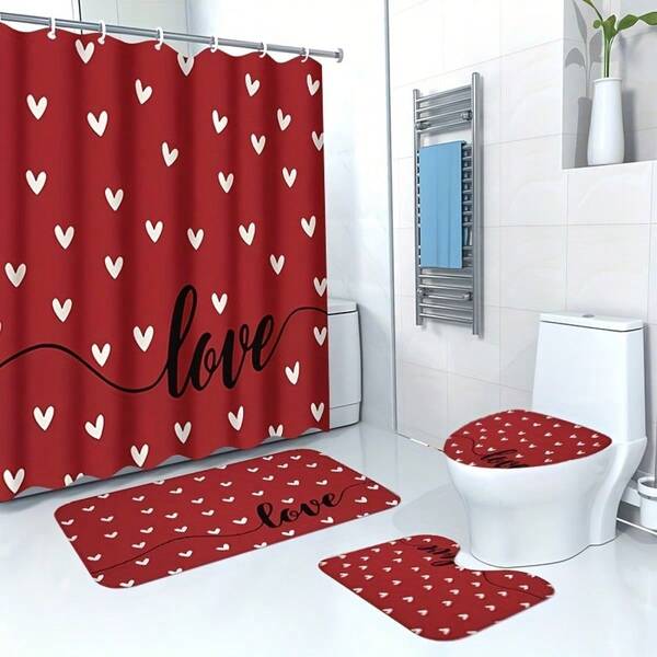 1/3/4 Pcs Valentine's Day Love Design Bathroom Shower Curtain, Bathroom Decor, Toilet Seat Cover, Bath Mat, Waterproof Polyester Curtain With 12 Plastic Hooks, 72" X 72"