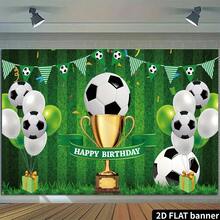 Banner 2D plat cu tematică de fotbal, la mulți ani - Decor de fundal pentru petrecere de fotbal cu baloane și imprimeu de trofee - Decorațiune sportivă multifuncțională pentru sărbători de ziua de naștere în interior și în exterior, toate anotimpurile