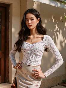 Chic White Ruffle Cropped Top - Sexy Long Sleeve Women's T-Shirt, Stretchy Polyester Blend, Machine Washable - White - View 2