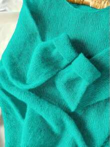 Plus Size Women Solid Color Round Neck Long Sleeve Casual Loose Sweater - Teal Blue - View 2