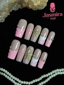 10 Pcs Set Of Pure Handmade Press-On Nail Tips, Medium-Length Elegant Nails, Y2K Press-On Square Nails, Pink Nails, White Nails, Classic French Style, Hand-Carved Designs, Nail Gemstone Embellishments, Shaped With Gel, Suitable For Women And Girls For Home, Parties, Birthdays, And Various Holiday Occasions, Diy Cute Nails. - Nhiều màu - Xem 1