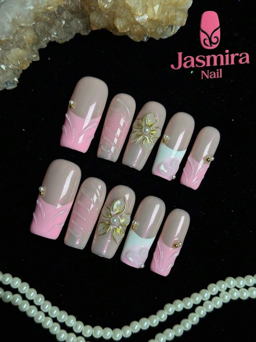 10 Pcs Set Of Pure Handmade Press-On Nail Tips, Medium-Length Elegant Nails, Y2K Press-On Square Nails, Pink Nails, White Nails, Classic French Style, Hand-Carved Designs, Nail Gemstone Embellishments, Shaped With Gel, Suitable For Women And Girls For Home, Parties, Birthdays, And Various Holiday Occasions, Diy Cute Nails. - Nhiều màu - Xem 1