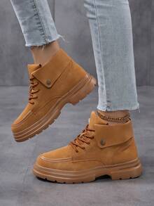 Bottes mi-mollet pour femmes, bottes de travail de mode à lacets pour l'extérieur, bottes de randonnée hautes décontractées, convenant à toutes les saisons - Tabac - Voir 3