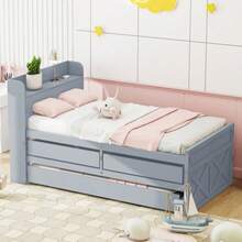 Single Bed, Solid Pine Wood, 90x190 Cm, Multifunctional With Pull-Out Drawer, Slatted Base, Bedside Table With Shelves And USB Port, Youth Bed, Guest Bed, Grey - Grey - View 3