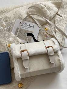 Bolso de cubo de piel sintética blanco cremoso para otoño/invierno. Bolso pequeño vintage con parches de piel sintética de cordero, bolso bandolera y de hombro, estilo dulce de chica - Blanco - Ver 8