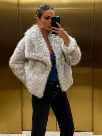 女式蓬松仿皮草外套秋冬翻领街头长袖保暖夹克女式时尚外套