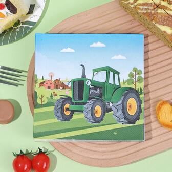 20pcs/40pcs/60pcs Cartoon Tractor Lunch Napkins, Farm Animal Birthday Decorations, 6.5*6.5 Inch John Deere Style Party Napkins, Double-Ply Green Tractor Farm Themed Disposable Napkins, Suitable For Boys Farm Themed Birthday Party Supplies