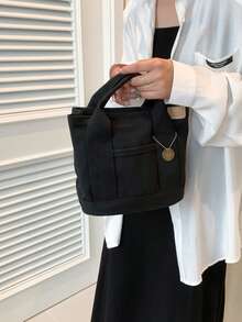 Canvas Tote Bag Large Capacity Women's Lunch Bag Multilayer Casual Handbag Fashion Small Phone Bag, Women Faux Leather Flap Crossbody Bag With Adjustable Strap, Japanese Bag - Black - View 5