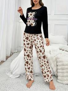 2 piezas Conjunto de pijama cómodo y casual para mujer con estampado de dibujos animados, top de manga larga y pantalones - Negro - Ver 2