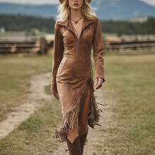 2025 Western Cowboy Style Suede Fringe Slim Fit Long Sleeve Dress - 黑色 - 查看 2