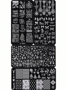 2/4件套圣诞冬季雪花美甲印花板，包含圣诞老人、驯鹿、字母、蝴蝶结、圣诞树、姜饼人图案，Y2K风格美甲印花模板，DIY美甲沙龙，美甲用品 - 銀色 - 查看 3