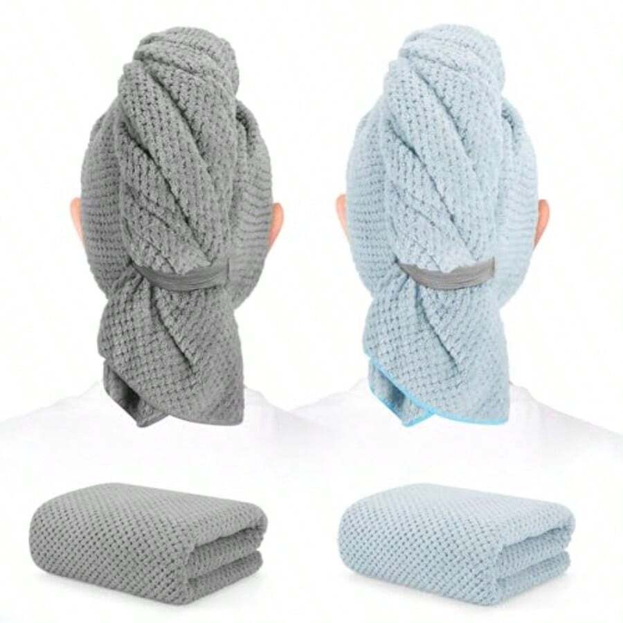 2 Pack Microfiber Hair Towel - 41 X 24 Inches Super Soft Absorbent Fast Drying Without Frizz Hair Towel Wrap For Women Long Thick Curly Hair - Hair Turbans With Elastic Strap - Gray Blue - 查看 1