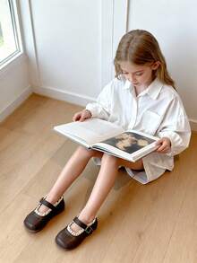 2025 Christmas & New Year Gift, 3-12 Years Old Girls, Dark Brown & White Wavy Lace, PU Leather Anti-Slip, Metal Buckle Low-Top Closed Toe Flats, Retro Sweet Princess Shoes, Suitable For Daily Wear, School Activities, Best Seller