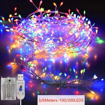 1包LED灯串，100/200颗LED灯珠，铜线灯串，8种灯光模式，烟花灯串，银线星光萤火虫灯，适用于斋月装饰、圣诞节装饰、开斋节装饰