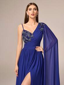 VIPGIRL 优雅奢华女士长款雪纺晚礼服，不对称领口饰有串珠细节，飘逸袖子和层叠下摆。 - 湖藍色 - 查看 9