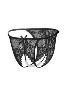 1pc Fashionable Sheer Embroidery Sexy Women Panties, Hollow-Out Pearl Massage Open Crotch Seamless Low Waist G-String Underwear, Sexy Lingerie And Sleepwear For Valentines Day, Going Out - Black - View 6