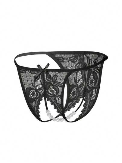 1pc able Doorschijnende Geborduurde Verleidelijke Women Panties, Hollow Out Pearl Massage Open Crotch Seamless Low Waist String Underwear, Lingerie Sleepwear Valentines Day, Going view 6