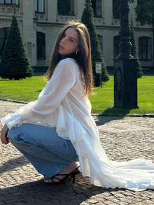 Women's Solid Color Pleated Ruffle V-Neck Asymmetric Layered Ruffle Long Sleeve Blouse White Spring - White - View 3