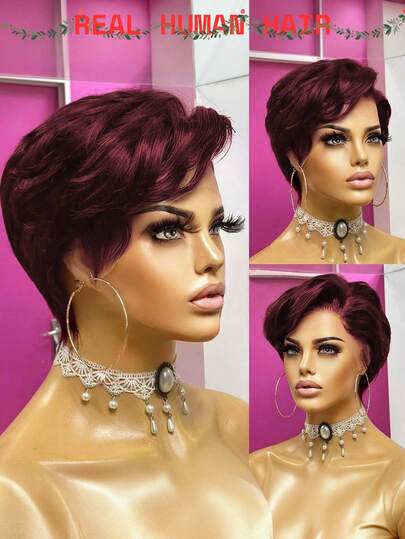 Peluca con parte T y encaje frontal, cabello corto estilo pixie, peluca de cabello humano, tamaño: 13x4x1 pulgadas, peluca con parte T y encaje frontal, color vino tinto, peluca sin pegamento, adecuada para uso diario, regalo, peluca corta de cabello humano enchufable y lista para usar, peluca corta con flequillo lateral color 99J