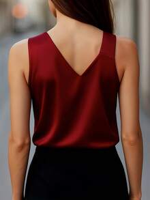 Áo kiểu nữ không tay cổ chữ V bằng vải satin trơn, kiểu dáng tối giản thanh lịch, thích hợp cho buổi tối trang trọng, thiết kế bất đối xứng/không đối xứng, thích hợp cho mùa hè. - Đỏ - Xem 2