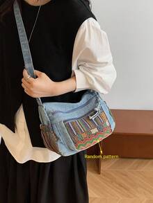 New Casual Chic Multi-Layered Soft Denim Shoulder Bag With Multiple Pockets, Versatile, Suitable For Work, Shopping And Travel. - Camel - View 4