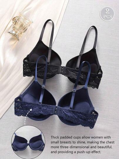 2件装薄款纯色蕾丝优雅支撑钢圈文胸，可调节肩带，简约舒适的女士提拉文胸。[适合小胸/平胸]