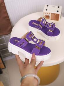 1 par de zapatillas de cuero sintético con suela gruesa para niños, de estilo minimalista y de moda, adecuadas para el verano - Morado - Ver 2