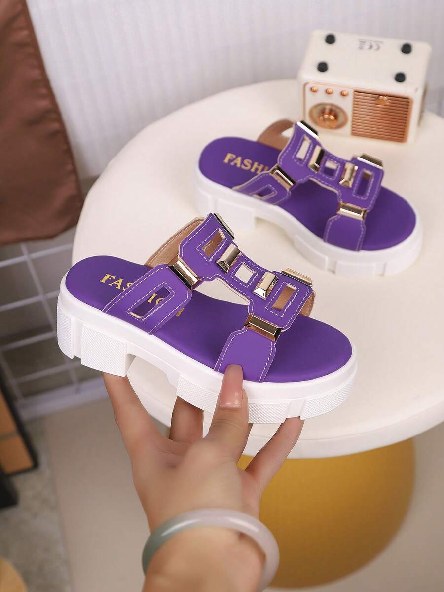 1 par de zapatillas de cuero sintético con suela gruesa para niños, de estilo minimalista y de moda, adecuadas para el verano
