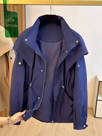 Women's Windbreaker Jacket, Commuter Style Fashion Regular Windbreaker Jacket, Stylish Cinched Waist & Large Lapel Design, Solid Color Multi-Style For Autumn/Winter Outfit, Women's Winter Windbreaker