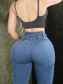 Quần jeans skinny cạp cao màu xanh nhạt, kiểu quần bút chì, dáng ôm tôn dáng, thích hợp cho mùa xuân/hè, đi nghỉ mát, du lịch, phong cách denim thường ngày, đa năng cho các buổi đi chơi. - Màu xanh lam - Xem 2