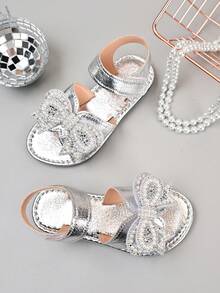 1 Pair Girls' Flat Sandals, Shiny Bowknot Decor, Sweet Style, Non-Slip Lightweight & Comfortable, Suitable For Party, Casual, Outdoor Wear - Silver - View 4
