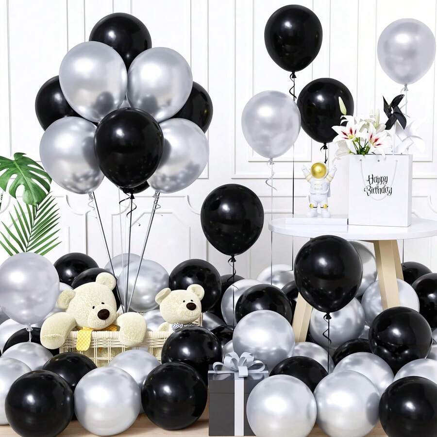 50~200pcs Silver And Black Balloons, 5/10/12 Inch Balloon Black Metallic Silver Thick Latex Balloons For Birthday Wedding Engagement Anniversary New Year Graduation Shower Gender Revealing Bachelor Party Decorations
